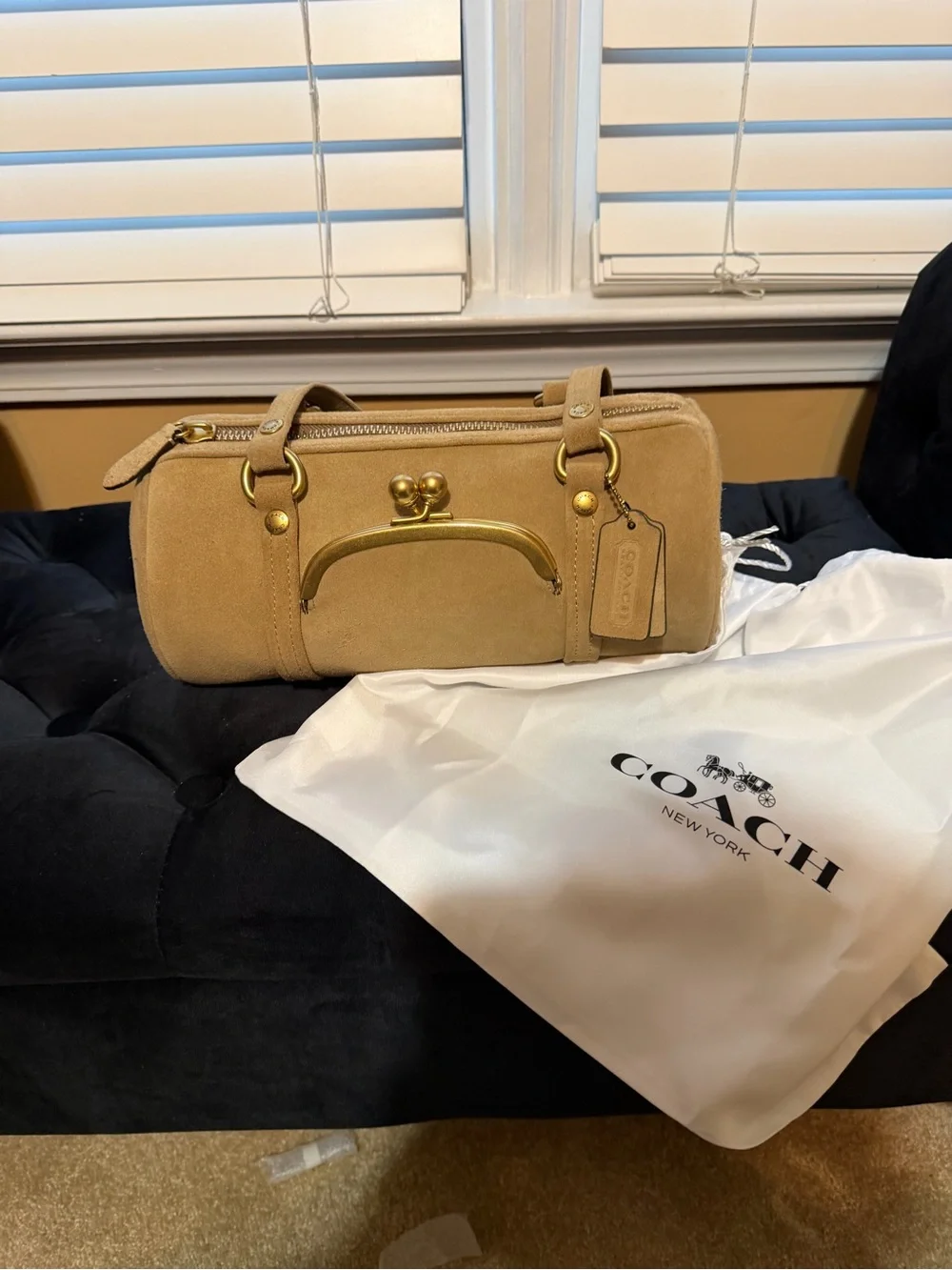 COACH Suede Kisslock Barrel Bag 28 in Tan with Gold Hardware